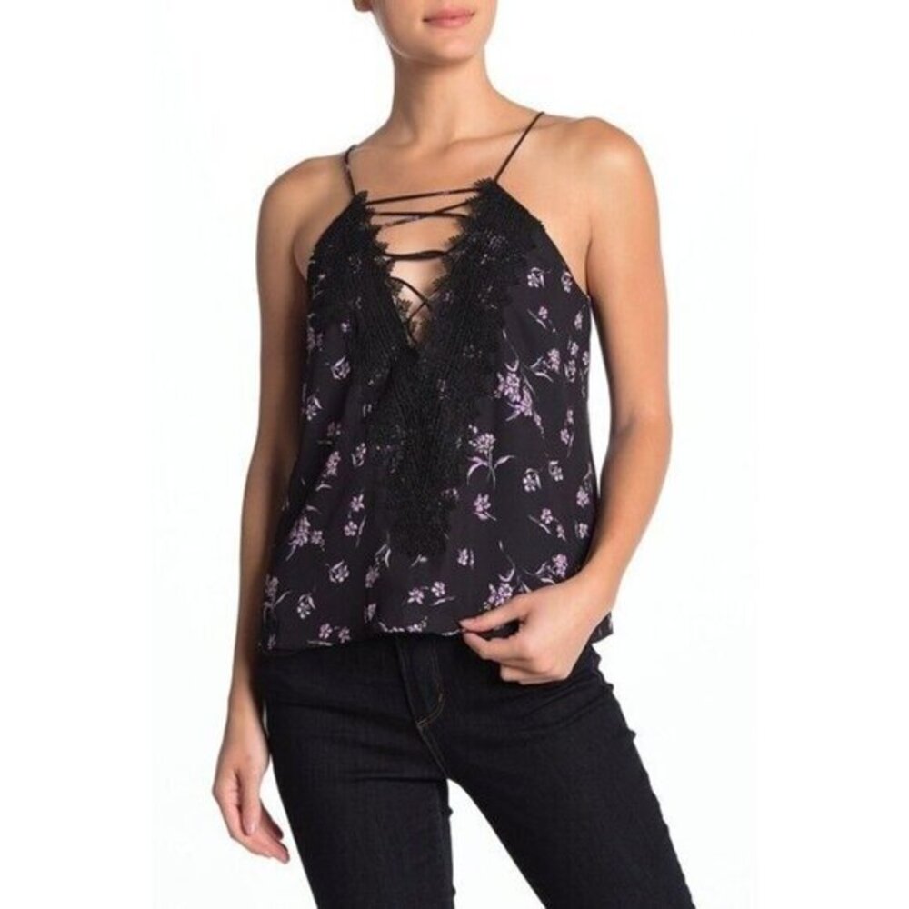 Wayf Tank Top Posie Lace Floral Print Strappy Cami Black Top SZ XL New $55